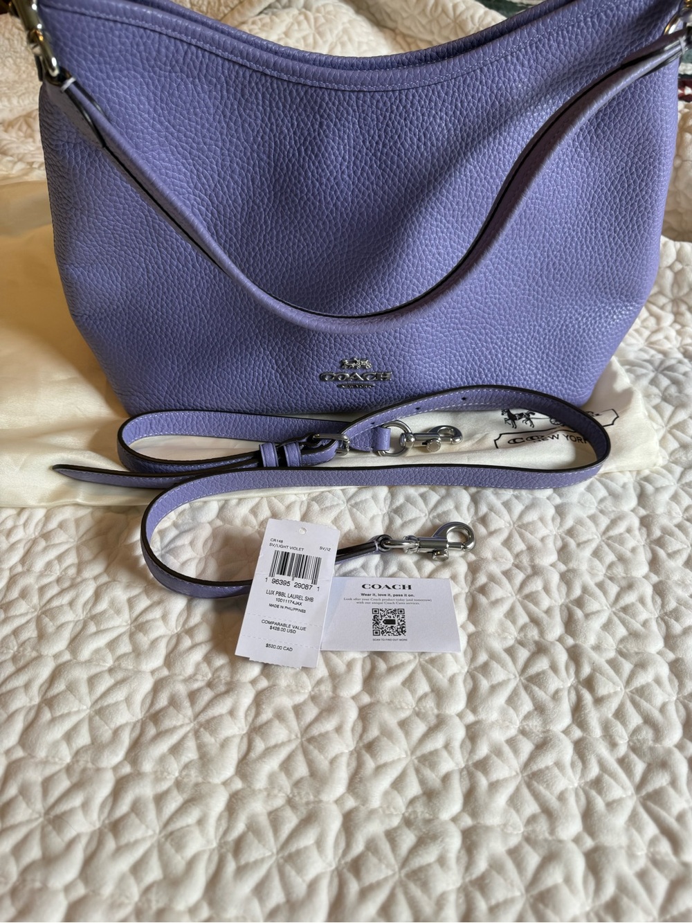 Coach Laurel Light Violet Pebbled Leather Shoulder Bag with Silver Hardware